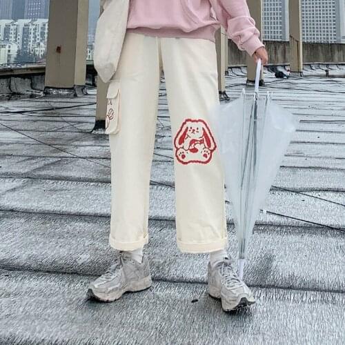 Preppy Style Casual Women Cotton Pants Capris Elastic Waist Full Length Cartoon Bunny Printed Ladies Trouser