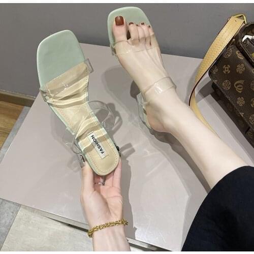 Summer Slippers Womens Casual Outdoor Chunky Heel Open Toe One-Word Sandals Fashion Transparent Square Toe High Heel Sandals