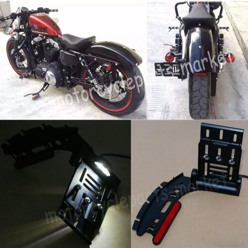 Motorcycle Telescopic Folding LED Light Side Mount License Plate Holder For Harley Dyna Fat boy Sportster 883 1200 XL 2004-later