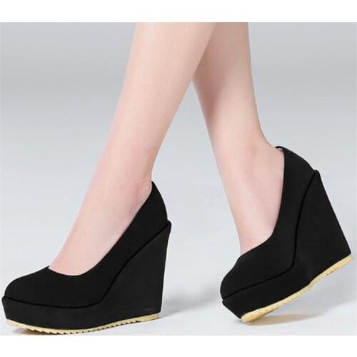 AGODOR black wedges shoes for women platform high heels pumps slip on office work party shoes woman big size