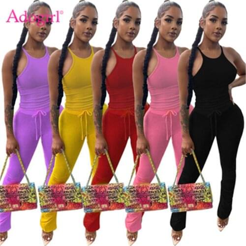 Adogirl Women Summer Solid Two Piece Set Casual Tracksuit Sleeveless Tank Top T Shirt Drawstring High Waist Stacked Pants Suit