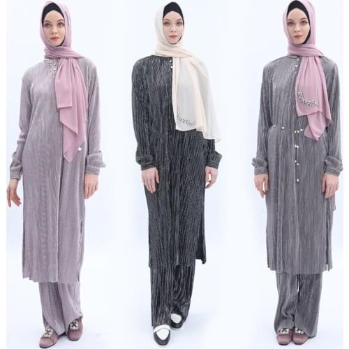 2 Pieces full pleated Muslim sets islamic tops+ pant suits female kaftan Turkish Hijab Muslim islamic dress ramadan ropa F1786