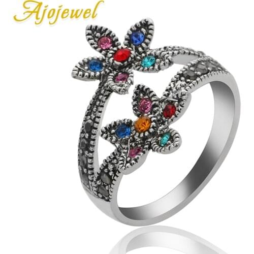 Ajojewel Size 6-9 Colorful Double Flower Rhinestone Ring Women Vintage Jewellery Bijoux