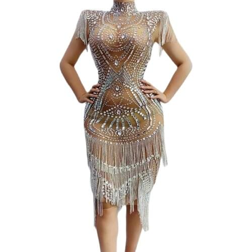 Tassel Crystal Rhinestone Dress Skinny Sheath Dress Women Party Prom Engagement Formal Dress Nightclub Singer Stage Costume
