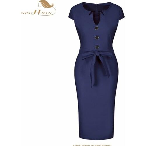 SISHION Vintage Women Slim Autumn Short Sleeve Black Dress V-Neck Breasted Button Business Work Bodycon Pencil Dress SP1197