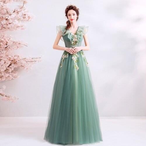 Evening Dresses Illusion V-Neck Sleeveless Appliques Embroidery Tulle Lace Luxury Green Backless Women Formal Party Gown TS072