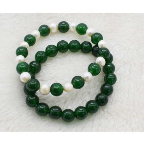 Freshwater pearl /green jade near round 10mm bracelet 7.5inch wholesale beads nature