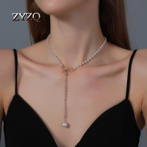 ZYZQ Baroque Imitation Pearl Pendant Necklace For Women Simple Long Bow Inlaid Rhinestone Sweater Chain New Year Gift Jewelry
