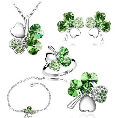 2019 new 5 in set Necklace earrings rings bracelet brooch jewelry set wedding rose gold Crystal Clover 4 Leaf heart Pendant 9554