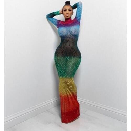 Colorful See Through Mesh Dress Women Birthday Party Celebrate Stretch Dress Bar Nightclub Women Dance Costume YOUDU