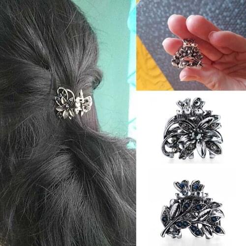 Tiny Hair Claws for Women Girls Metal Crystal Hair Clips Ancient Silver Color Hairpins Clamp Barrettes Hair Accessories Headwear