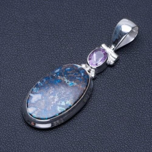 Natural Chrysocolla and Amethyst Punk Style 925 Sterling Silver Pendant 2" Q0865