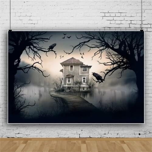 Laeacco Dark Halloween Festivals Horrible Castle Dark Tree Lake Party Decor Scenic Photo Background Photographic Backdrops