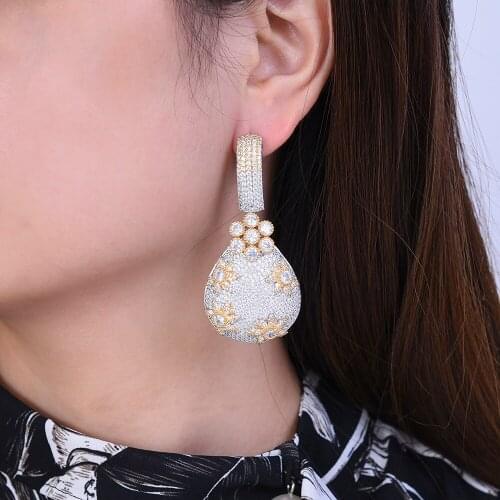 LARRAURI 2019 New Fashion Jewelry Luxury Full Cubic Zirconia Inlaid Flower Dubai Nigerian Wedding Engagement Drop Dangle Earings