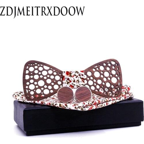 Laser Cut out Wood Bow Ties for Men Wedding Suits Wooden Bow Tie Butterfly Shape Bowknots Gravatas Slim Cravat Cufflink Set