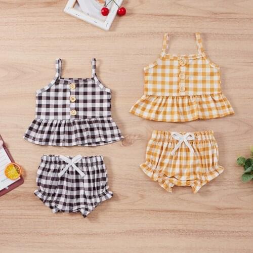 0-24 Toddler Baby Girl’s Summer Two Piece Set Fashion Plaid Suspender Tops and Ruffles Triangle Short Pants