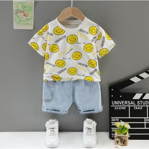 Summer Fashion Baby Boys Clothes Newborn Cartoon Tops+Denim Shorts 2pcs/Set Toddle Girls Children Kids Clothing Bebe Tracksuits