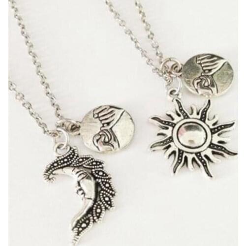 Moon sun holding hands combination friendship necklace Couple Good Friends Combination Necklace Sweater Chain Pendant Necklace
