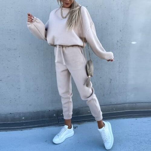 Fashion Lace-Up Women Outfits Elegant O-Neck Sweatshirts+Long Pants Suit New Autumn Winter Solid Warm Two Piece Sets Streetwear