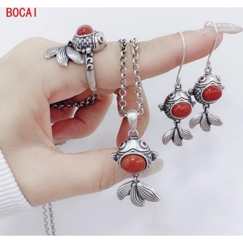 999 Pure Silver South Red Agate Goldfish Pendant Retro Matte Earrings Pendant Ring Set
