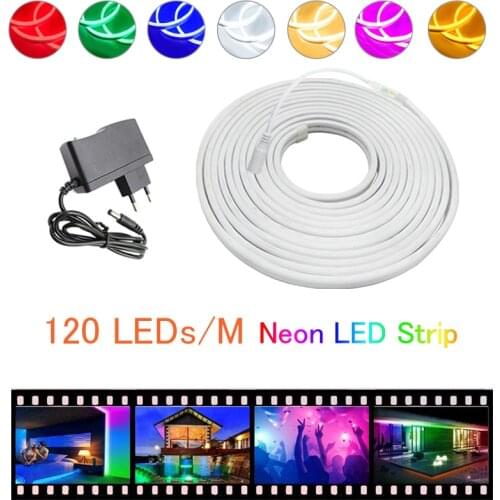LED Neon Light Flex Sign DC 12V Warm White Red Blue Pink Waterproof Luces Led Strip lights Ribbon Rope 120LED Strip+ Adapter EU