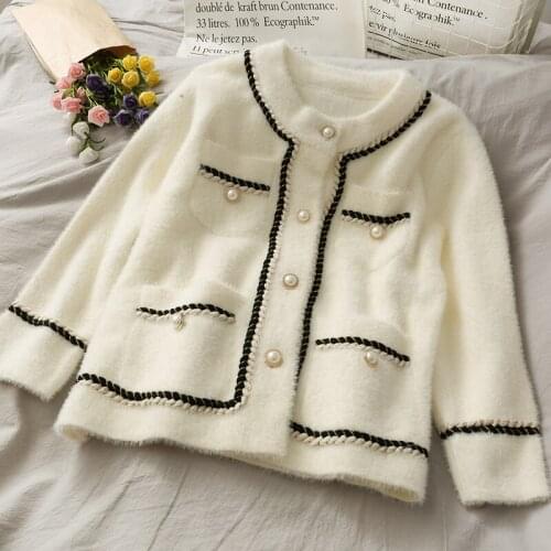 New Mink Cashmere Loose Sweater Cardigan Jacket Women Autumn Winter Short Bright Silk Stripe Thick Knitted Outerwear Female