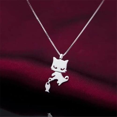 New Simple Creative Cute Kitten And Fish 925 Sterling Silver Jewelry Fashion Animal Popular Cat Clavicle Chain Necklaces XL069