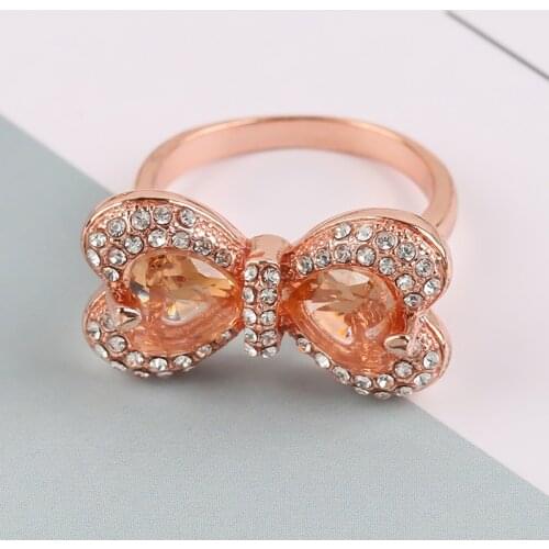 Charming Rhinestone Bow shape Rings Design White Zircon Embellished Rose Gold Color Wedding Rings For Female Wedding Band Gift