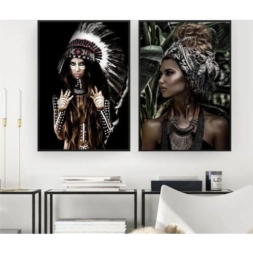Poster black skin boho feather women wall art canvas painting posters and prints canvas art wall pictures for the living room