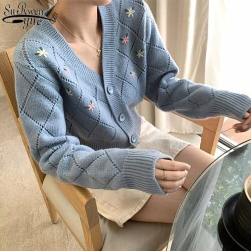 Embroidered Flower Loose Short Cardigan Spring and Autumn 2021 New V-neck Knitted Top Female Long Sleeve Womens Sweaters 11715