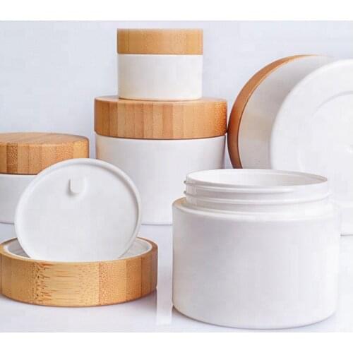 Wide Mouth White PP Plastic Empty Jars For Cream Make-Up Skin Care Container Refillable Bottles Bamboo Cosmetic Packaging 8 oz