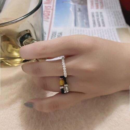 Handmade Natural Stone Black Beaded Rings for Women Bohemian Jewelry Round Fashion Ring Party Birthday Gifts