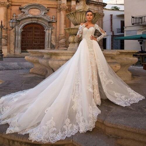 Detachable Tulle Train Mermaid Wedding Dresses 2020 Long Sleeves Lace Appliques Boho Bride Dress Custom Made Elegant Bridal Gown