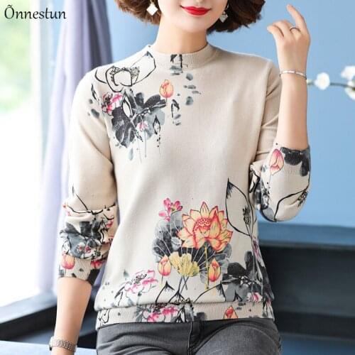 Print Floral Sweater Women Autumn Spring Pullovers Knitted Sweater Chinese Style Long Sleeve Top Pull Femme Sweaters