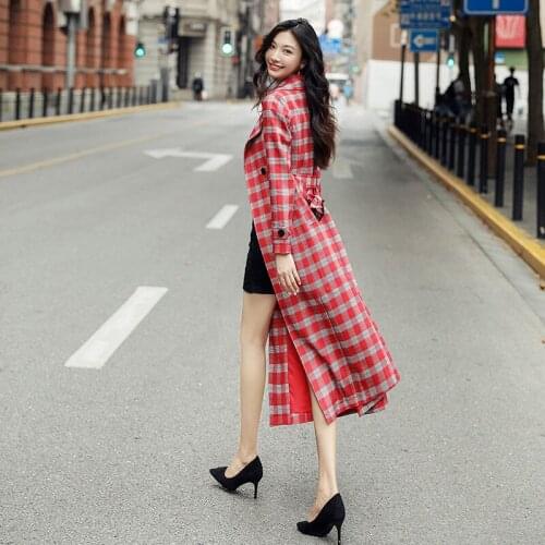 Brand new Fashion 2021 Autumn Casual Red Plaid Printed Simple Classic Lapel Long Trench coat with Belt Chic Female windbreaker