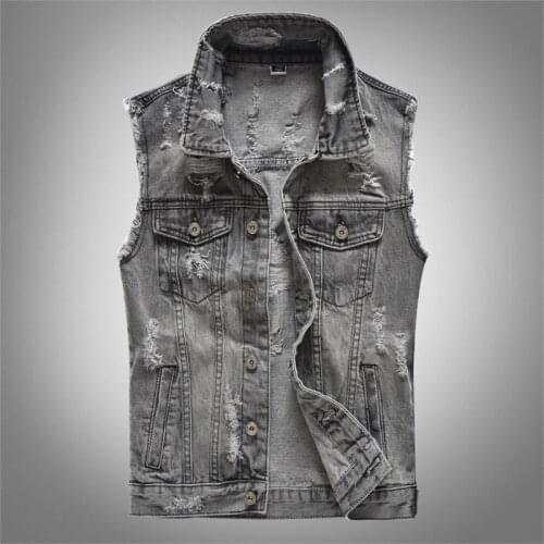 Spring Autumn Vintage Design Mens Denim Vest Male Retor Sleeveless Jackets Men Ripped Hole Jean Waistcoats Clothing Size M-5XL
