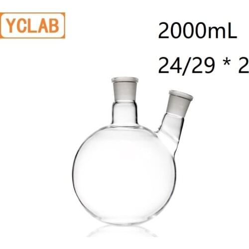YCLAB 2000mL 24/29 Distillation Flask Oblique Shape with Two Necks Standard Ground Mouths Distilling Round Bottom