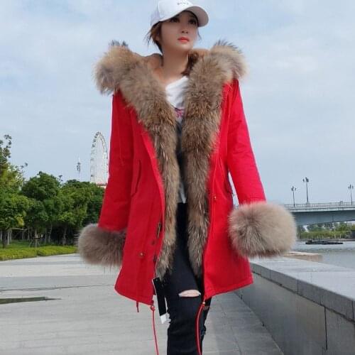 100% real fur coat parkas winter jacket coat women parka big real raccoon fur collar natural faux fur liner long outerwear