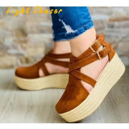 2021 Summer New Style Wedge High-top Womens Sandals Round Toe Flat Beach Shoes Side Air Fashion Platform Sandals Women 35-43