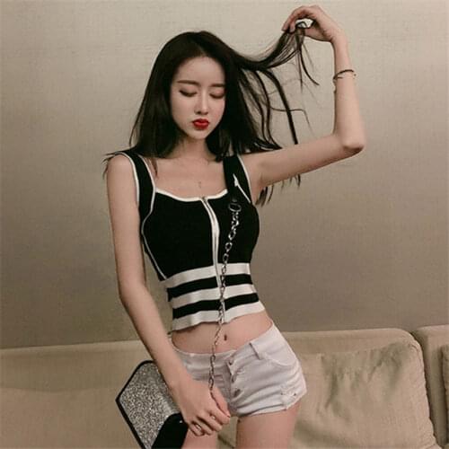 Women Tanks Tops Camisole Spring/Summer Striped Knitted Vest Womens Zipper Top Camis Crop Top For Women