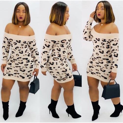 Autumn High Street Leopard Dress Long Sleeve Slash Collar Empire Sheath Women Knee Length Dress Night Club Party Outfits