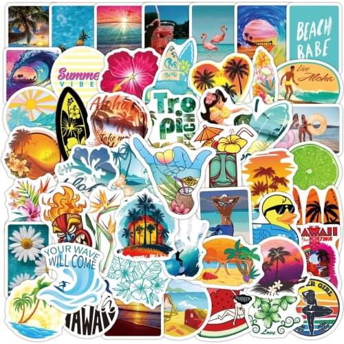 10/30/50PCS Hawaii Surfing Stickers Summer Tropical Beach Decal Vinyl Waterproof Sticker to DIY Surfboard Car Bicycle Skateboard