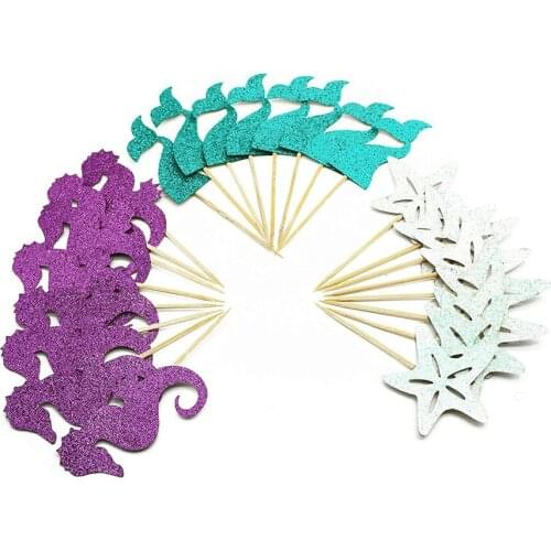 24pcs Mermaid Cupcake Toppers Cute starfish Golden Glitter Cup Cake Topper Cake Decoration for Girl Kids Birthday Party Baby