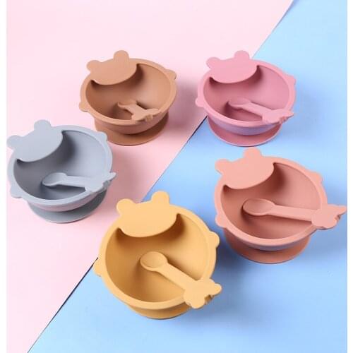 3 Pieces Suit New Baby Silicone Bowl Spoon Set Solid Color Sucker Bowl Silicone Spoon Baby Learns to Eat and Feed