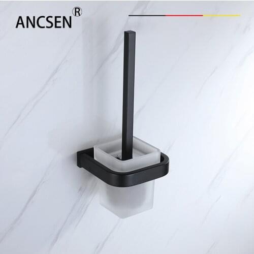 304 Stainless Steel Black Square Wall Mount Toilet Brush Holder With Glass Cup Bathroom Household Cleaning Product Accessories