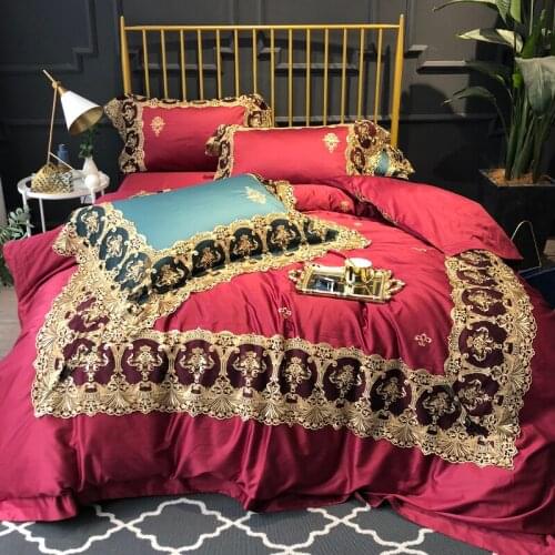 Luxury Red Golden Lace 120S Egyeptian cotton Royal Bedding sets Queen King Wedding Duvet cover Bed sheet set Pillowcases 4pcs