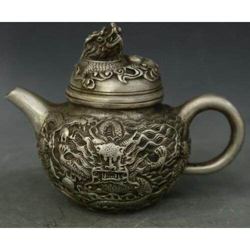 Antique QingDynasty Handmade silver dragon teapot / jug,Hand-carved crafts,best collection& adornment