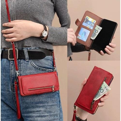 For Samsung Galaxy A70 A20 A30 S8 S9 S10 S20 Plus S20 Ultra Crossbody Long Lanyard Card Slot Book Flip Case Zipper Wallet Cover