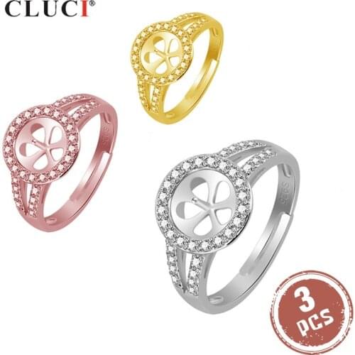 CLUCI 3pcs Classic Silver 925 Women Wedding Pearl Ring Mounting Adjustable Simple Sterling Silver Zircon Ring Jewelry SR2021SB