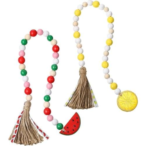 2 Pcs Fruit Wood Beaded Garland with Rustic Tassels, Lemon Watermelon Farmhouse Rustic Beads with Colorful Jute Tassels